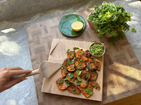 Smashed Sweet Potatoes with Cilantro Pesto - The Wooden Palate